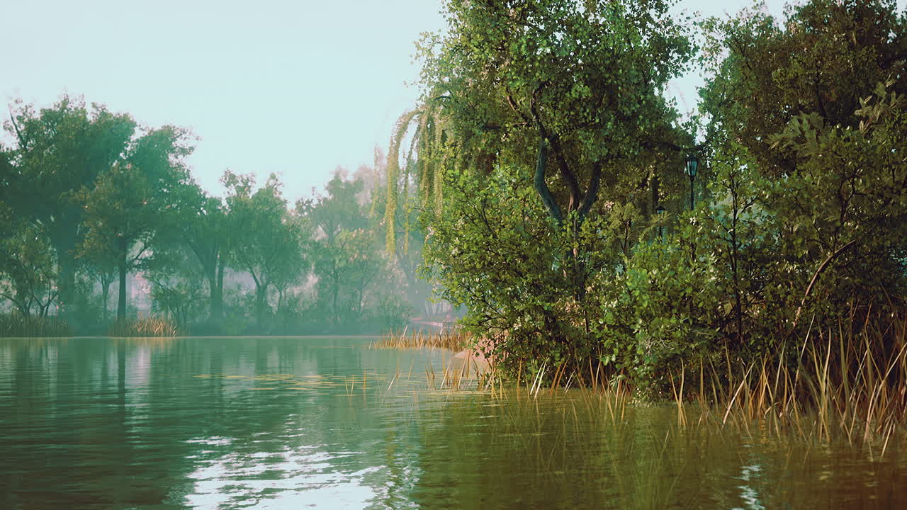 도시 공원 에 있는 연못 근처 에 있는 아침 태양 에 있는 나무 들