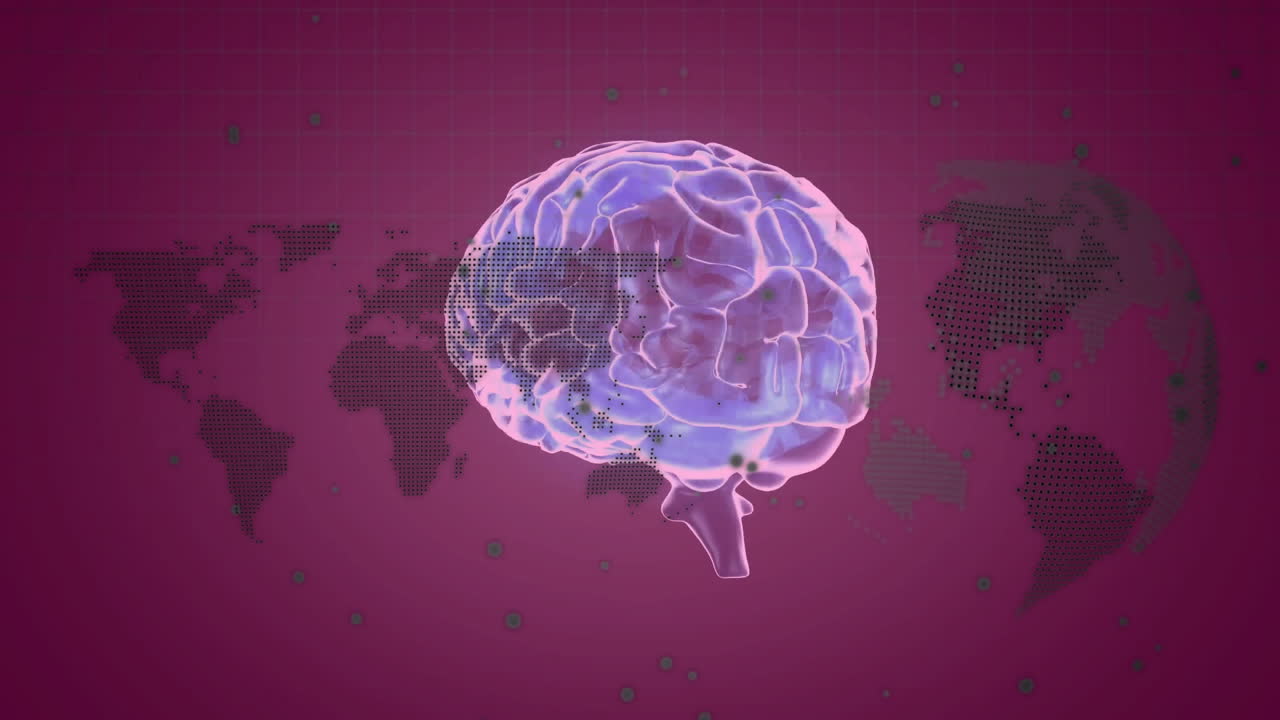신경 연결을 가진 뇌, 데이터 포인트를 가진 세계 지도에 대한 애니메이션