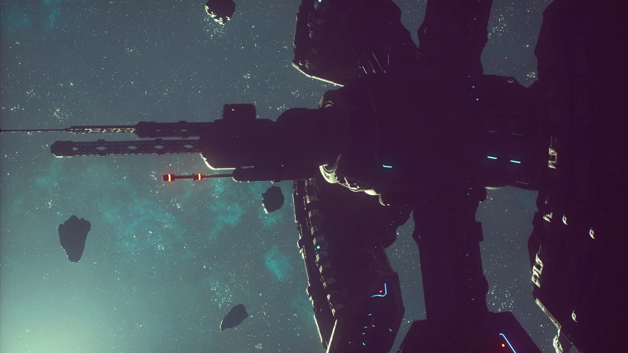 Spaceship exploring asteroids in a distant galaxy at nighttime