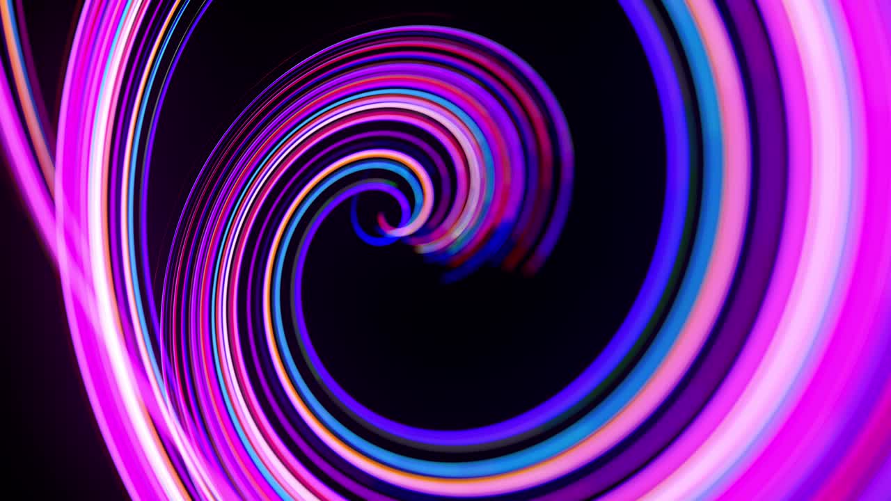 gráficos de movimiento, ciencia ficción bg. flujo de líneas de neón multicolor forman forma de espiral, rizos y patrón. fondo abstracto con senderos de luz, fondo de diseño de movimiento moderno de moda. flujo de luz bg en 4k.