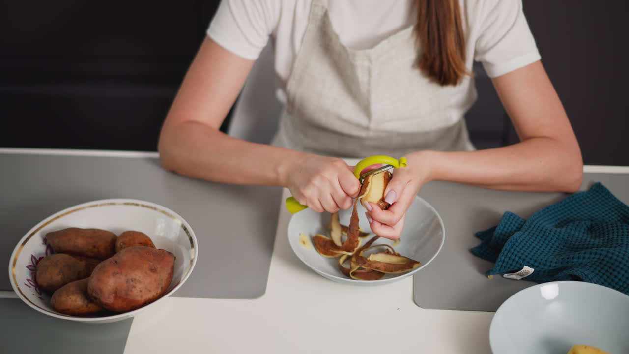 Partial view of woman in light apron peeling sweet potato over white bowl filled with potato skins on kitchen table, surrounded by unpeeled potatoes, clean dish towel, and additional plates