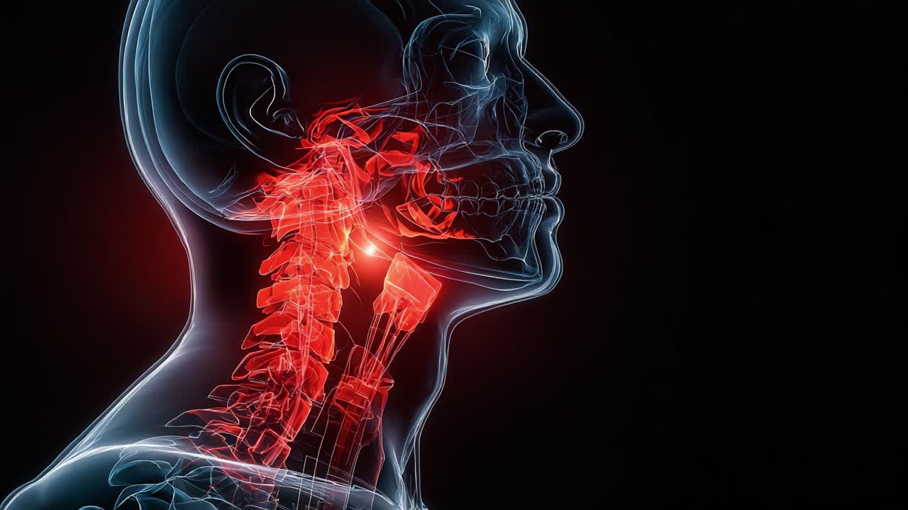 Visualizzazione Anatomica Dettagliata del Collo e della Colonna Vertebrale Umana con Enfasi sui Percorsi Nervosi, Evidenziando le Strutture Chiave e le Loro Interconnessioni.