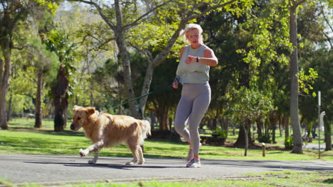 woman running with her dog in the park