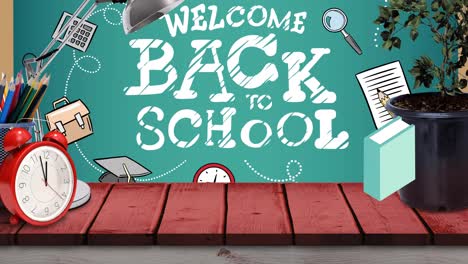 animación del texto bienvenidos de vuelta a la escuela en la pizarra con libros que caen