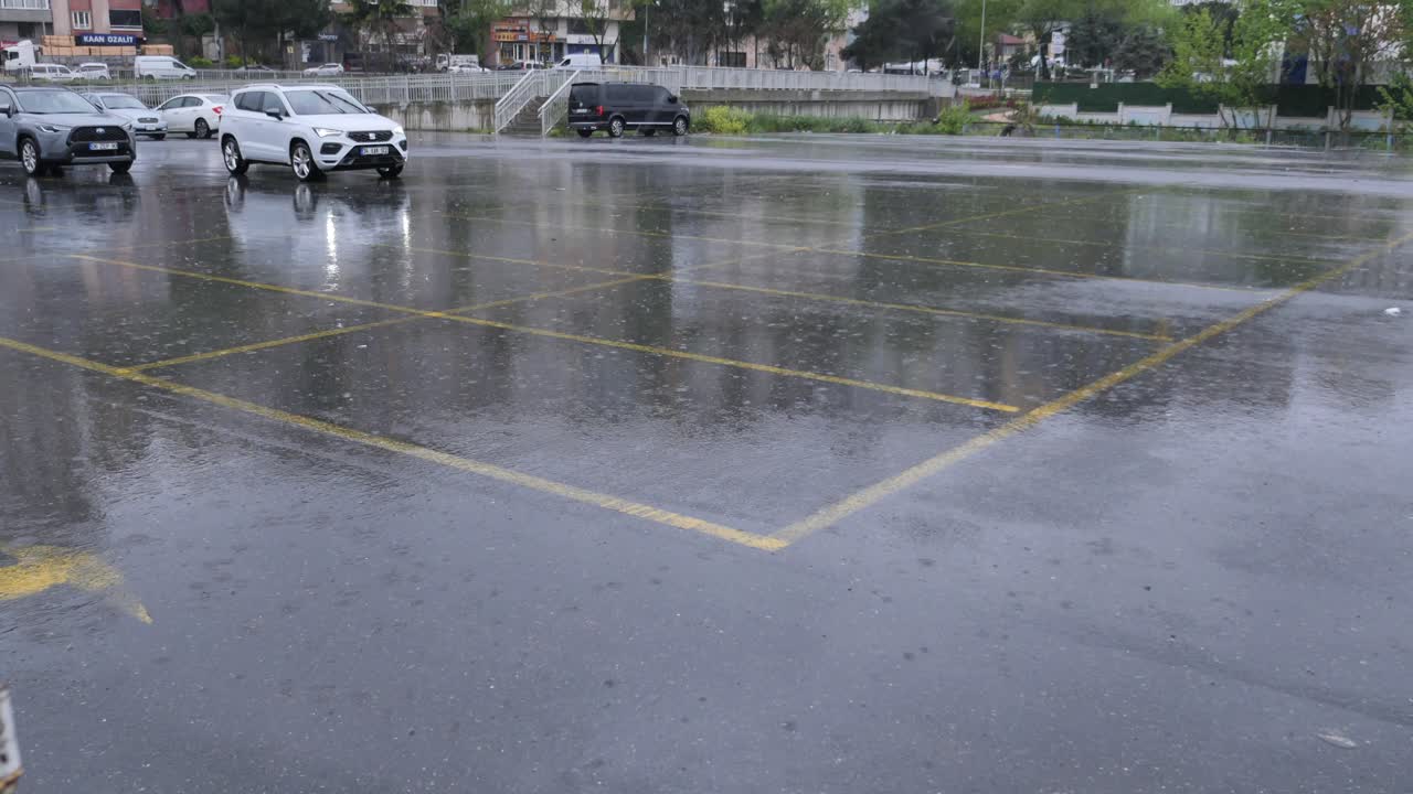 Rainy Parking Lot with Cars