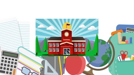 Digitale-Animation-Des-Schulgebäudesymbols-Vor-Mehreren-Schulkonzeptsymbolen-Auf-Weißem-Hintergrund
