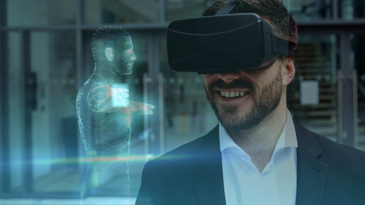 Smiling man wearing VR headset with holographic human figure in background