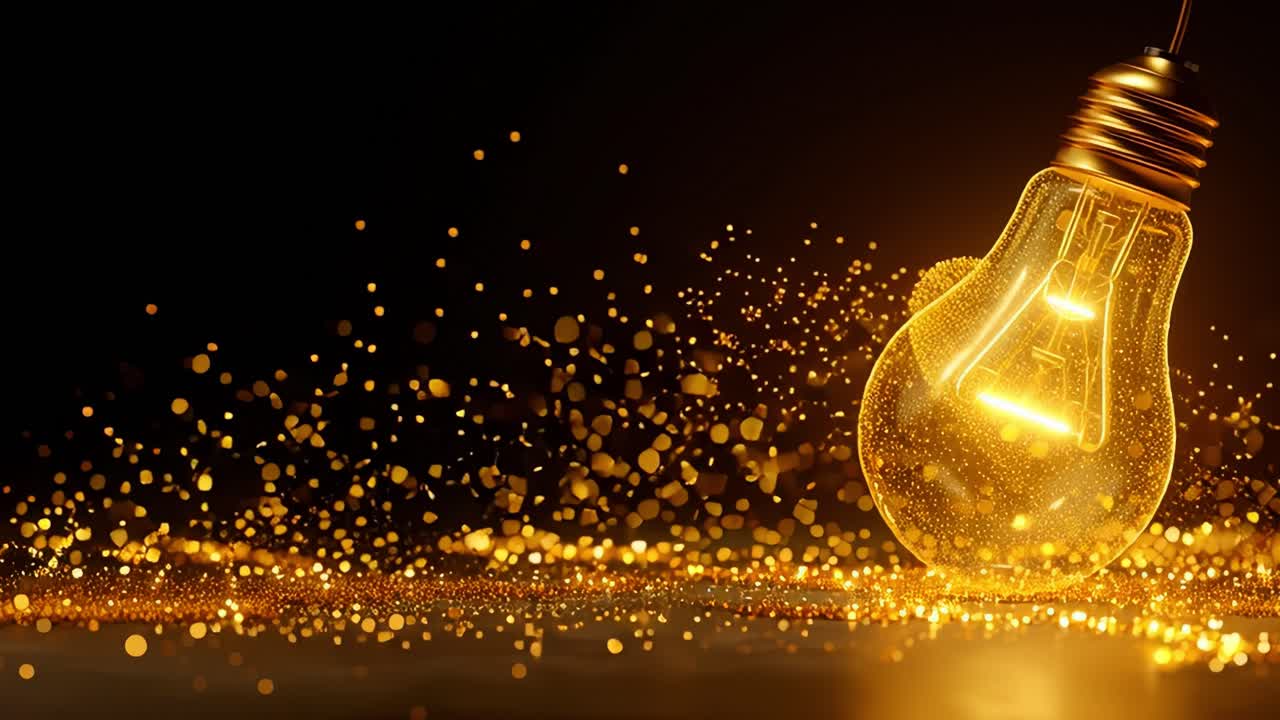 A Stunning Glowing Light Bulb with Sparkling Golden Particles Setting a Magical Ambiance in a Dark Background, Creating an Enchanting Atmosphere of Warmth and Inspiration