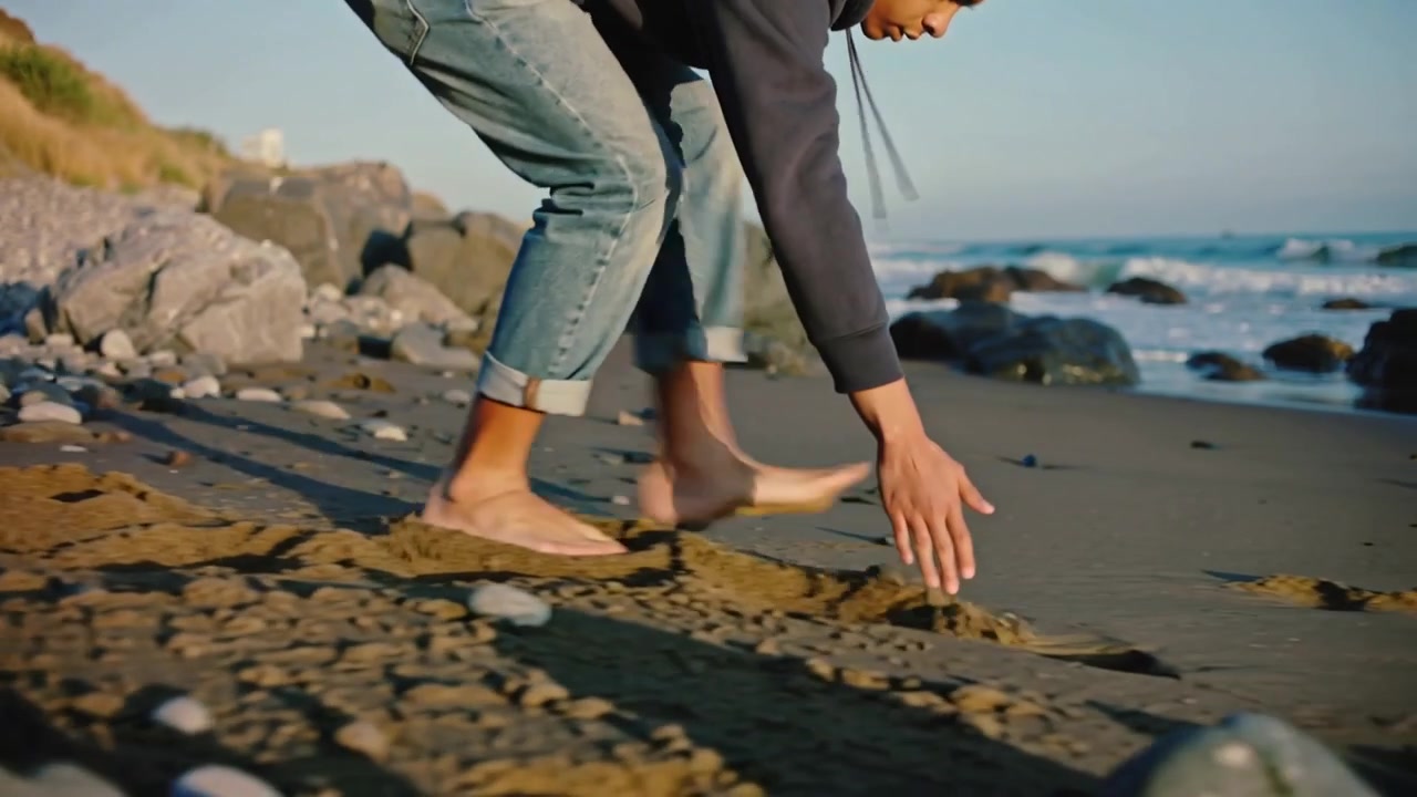 Approaching shore, man in jeans, hoodie crouching and scooping wet sand with hands barefoot to step
