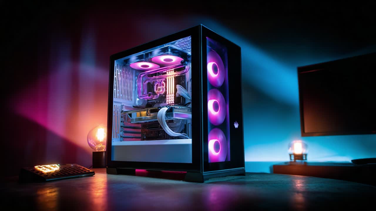 A Stunningly Illuminated Computer Case Showcasing Advanced Gaming Hardware with Mesmerizing RGB Lighting and a Modern Aesthetic, Perfect for Gamers and Tech Enthusiasts Alike. Explore the Future of PC Design
