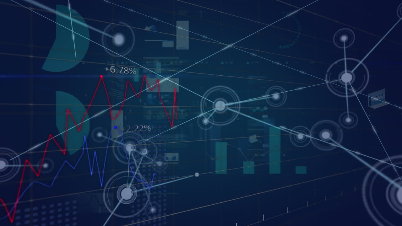 Animation of network of connections over data processing against blue background
