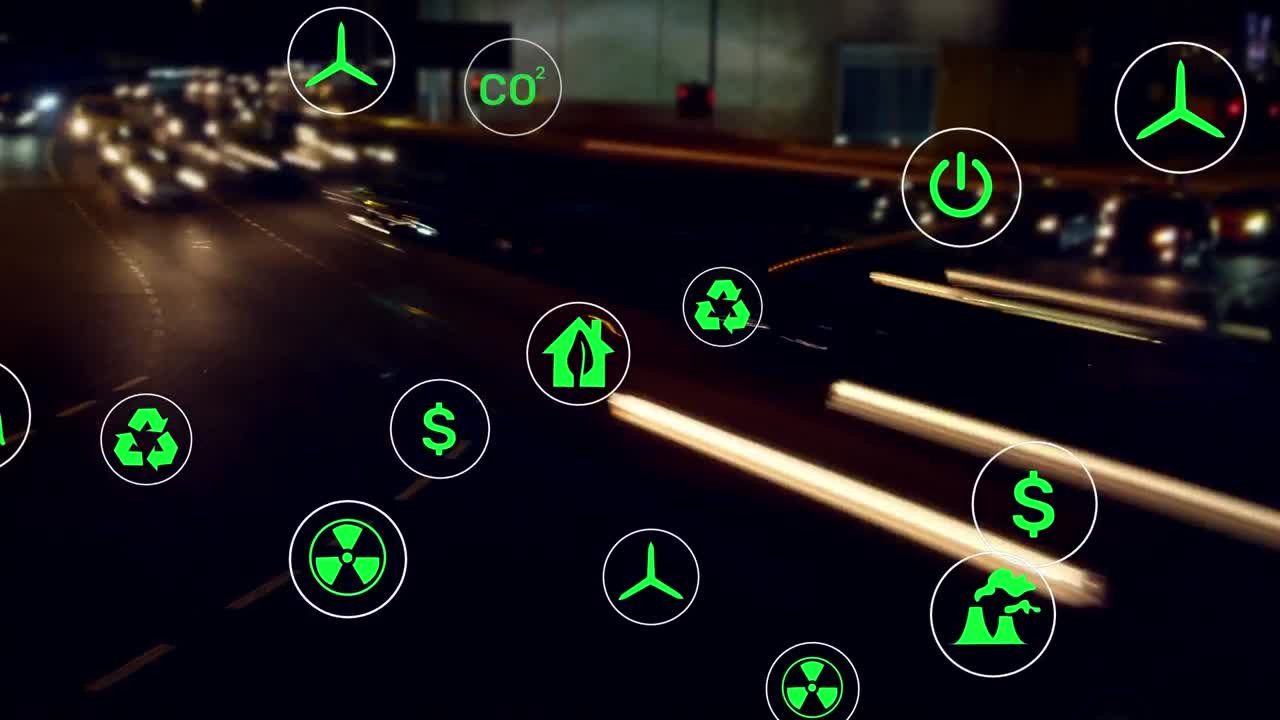 Animation of multiple icons over time lapse of vehicles moving on street in city