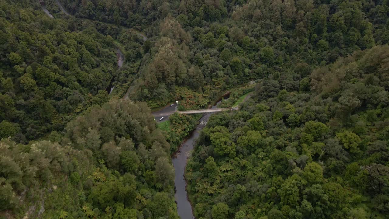 pequeño puente fluvial en el fondo de un vasto cañón selvático dentro del exuberante interior de nueva zelanda
