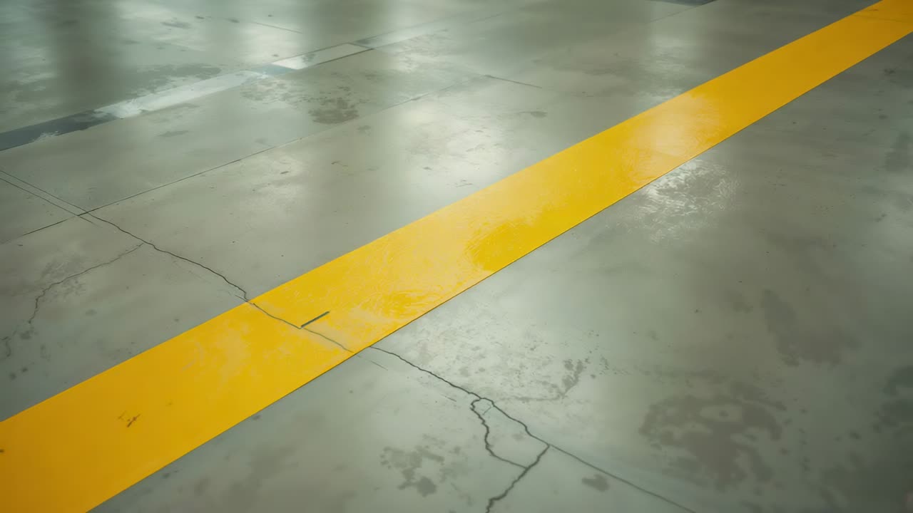 Kameran rör sig framåt och visar en gul rand som stiger över garagegolvet med sprickor och reflektioner