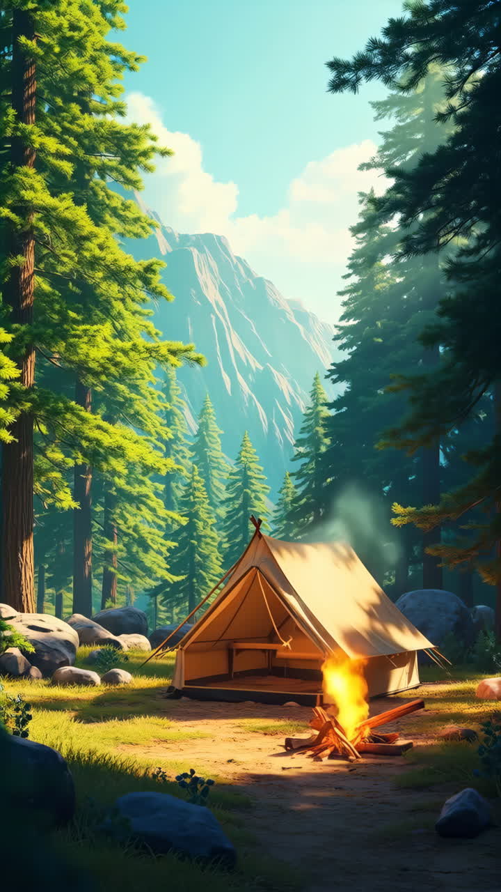 Camping in a Forest Clearing with Mountains and Campfire
