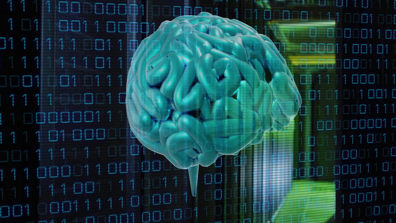 Animation of human brain and binary coding data processing over computer servers