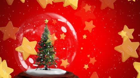 Animation-of-falling-golden-stars-and-snowing-globe-over-red-background