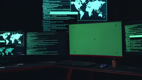 Isolated Mock-Up Green Screen And Code On Multiple Computer Screens, Cyber Attack