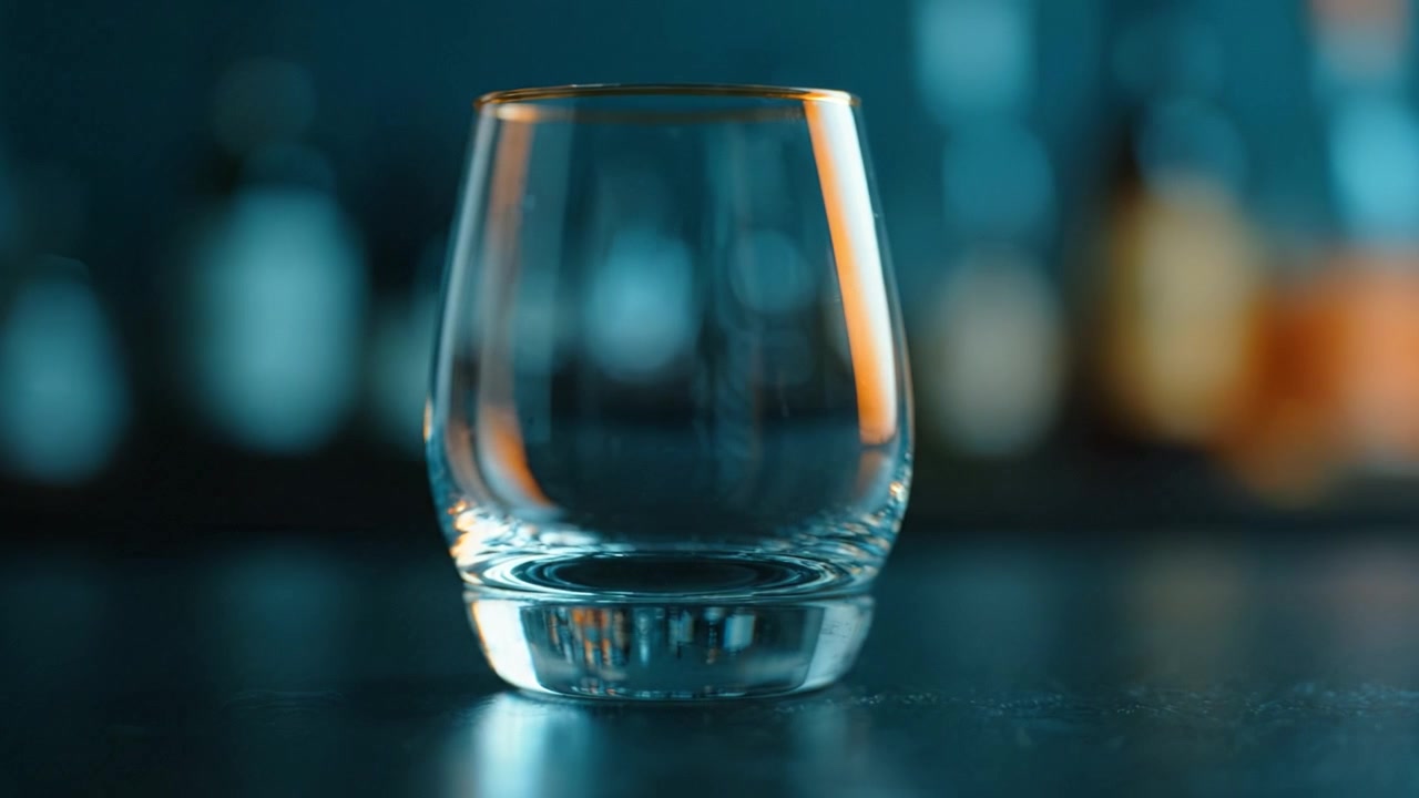 Bicchiere vuoto finemente lavorato su una superficie scura con uno sfondo sfocato, che cattura l'essenza di eleganza e minimalismo in un ambiente sofisticato.