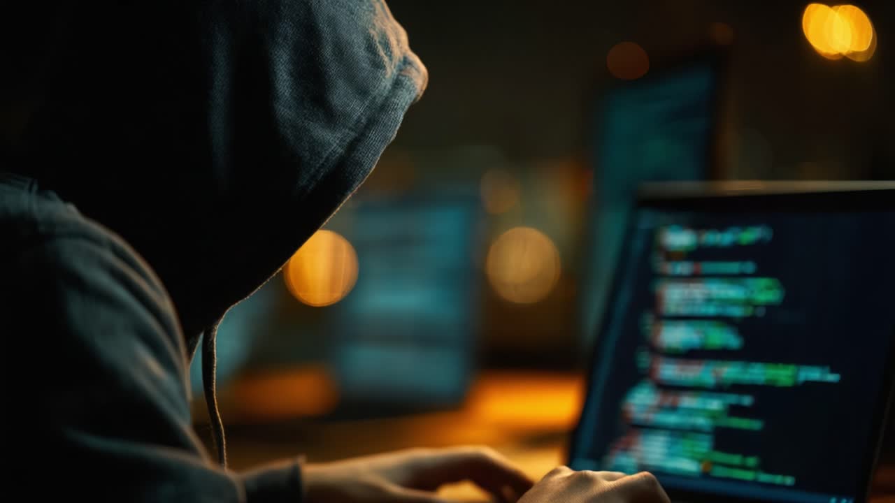 A Mysterious Figure Engaged in Coding at Night with a Hooded Sweatshirt, Creating Intricate Programs on a Laptop Surrounded by Digital Displays in a Dark Environment