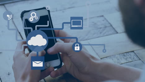 animación de iconos de los medios sobre empresario caucásico usando teléfono inteligente con espacio de copia