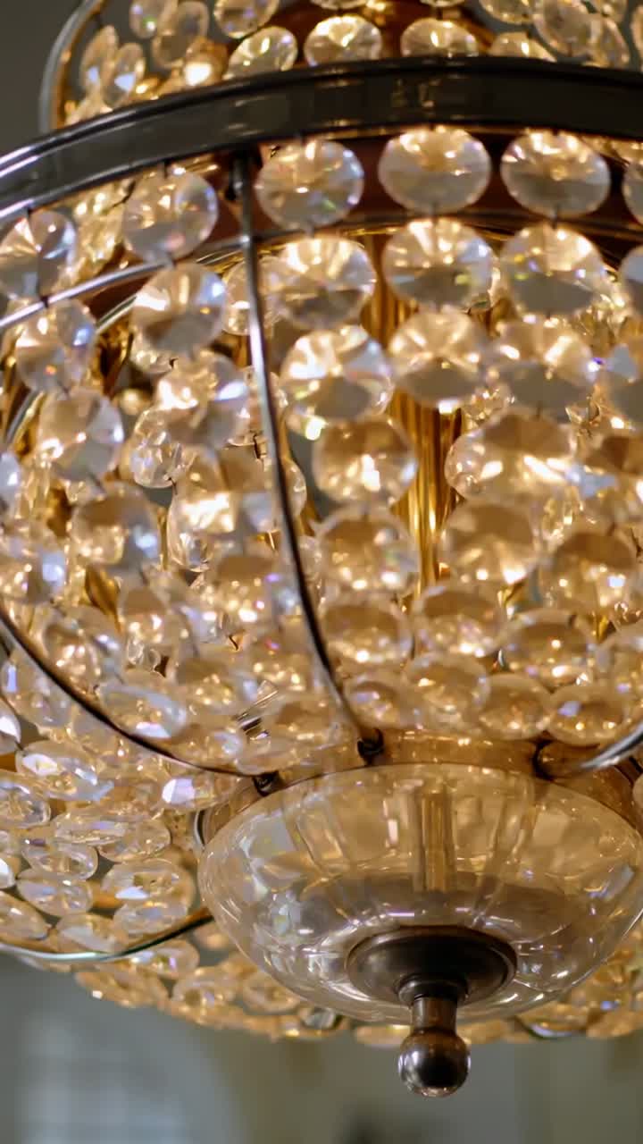 Vertical video: Tilting camera showing chandelier in foyer, revealing crystal beads and metal frame
