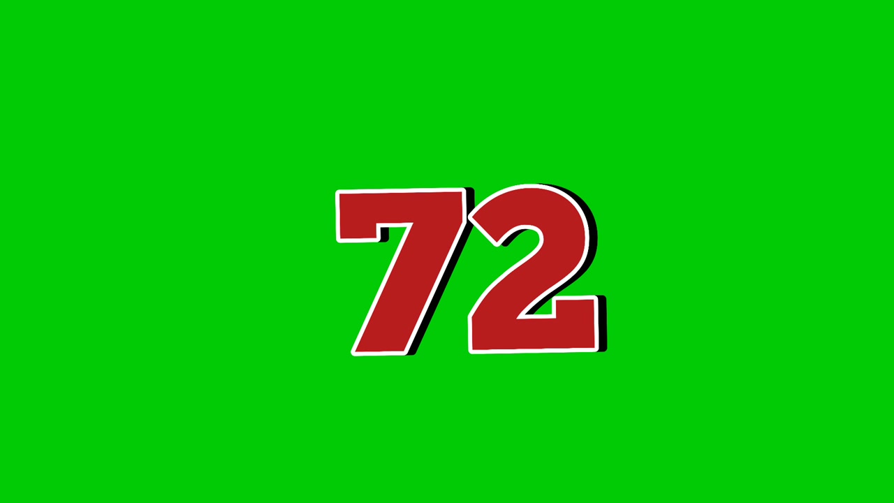 Animazione grafica in movimento con simbolo numero 72, cartone animato su sfondo green screen. Elementi video con effetti di fumo numero rosso.
