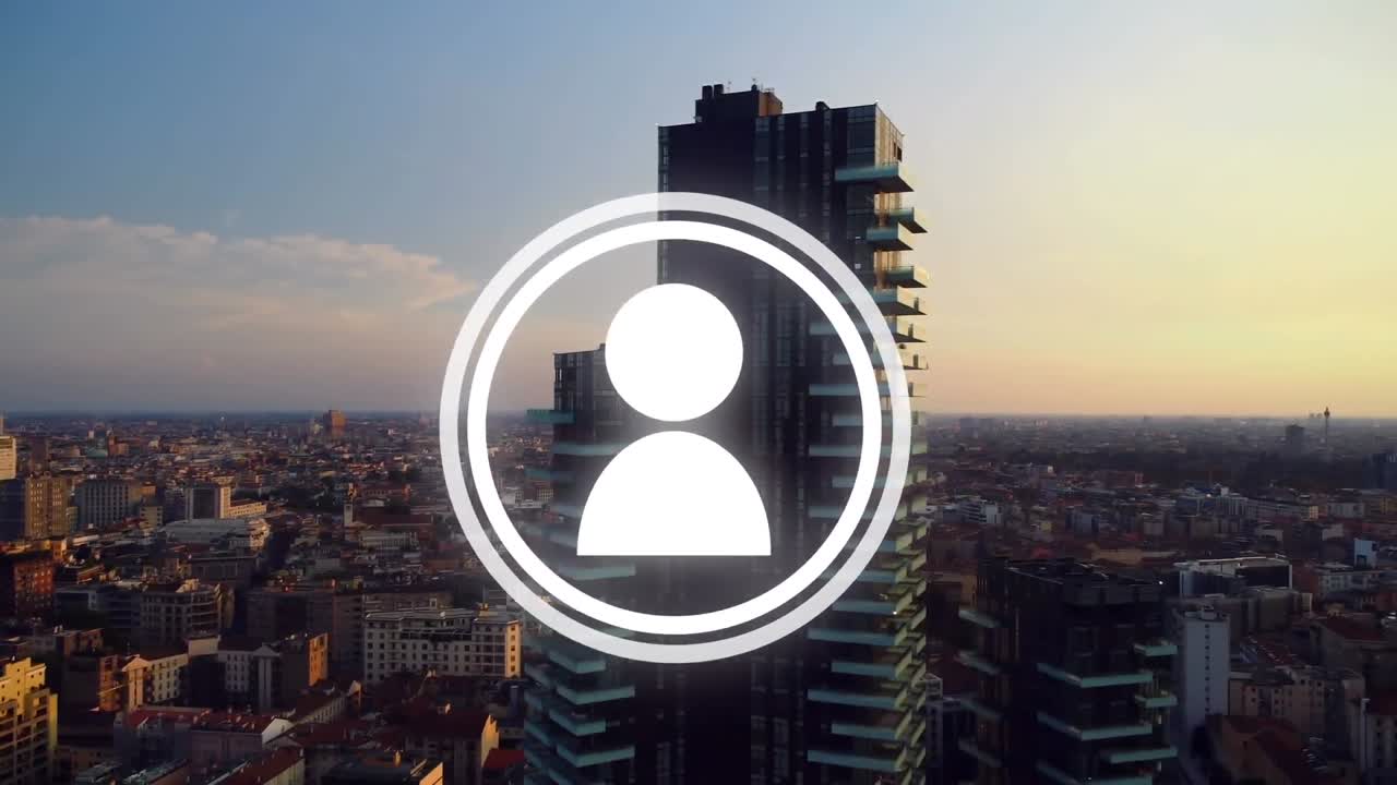 Animation of single person icon moving over modern cityscape at sunset