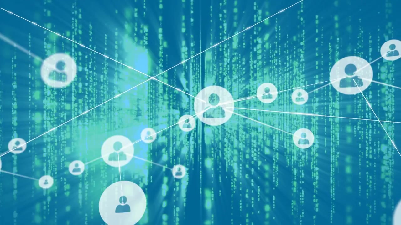 Animation of network of connections with icons and data processing
