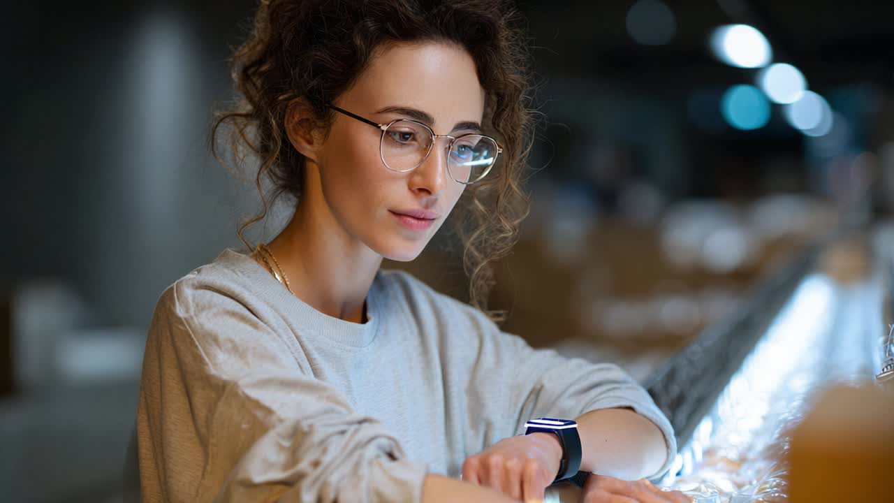 A Focused Individual Analyzing Data on a Smartwatch in a Modern Workspace, Surrounded by a Productive Environment with Soft Lighting and Contemporary Design