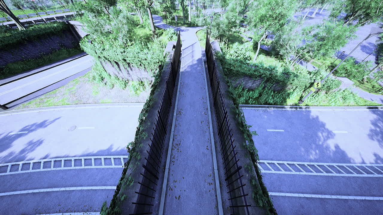 Nature surrounds a quiet pedestrian bridge over a tranquil road