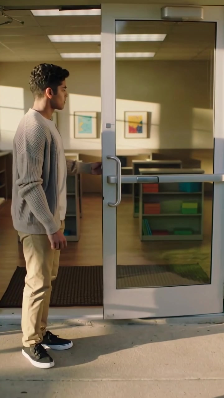 Vídeo Vertical: Crianças Saindo, Adulto de Suéter Abrindo Porta da Escola Alcançando Bola Vermelha, Espaço para Texto