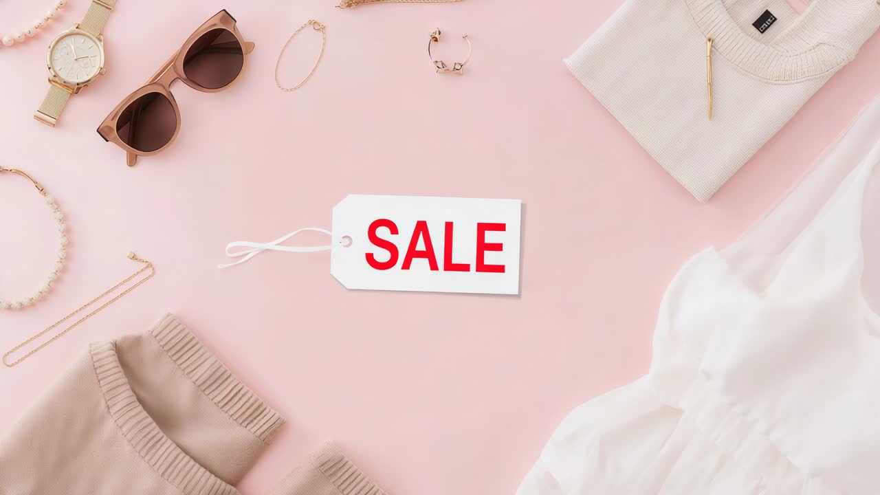 Showing centered white SALE tag sitting flat on pastel pink during framing shifts, for promotion