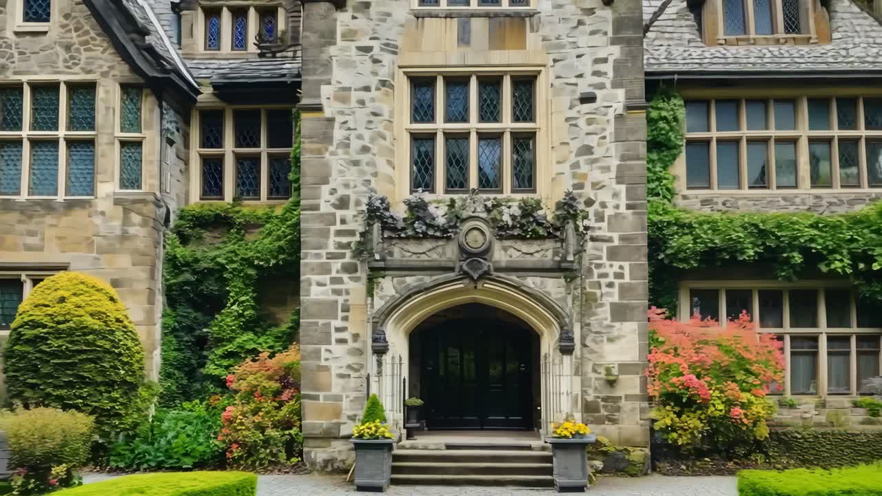 검은 문과 창문으로 된 큰 돌 건물