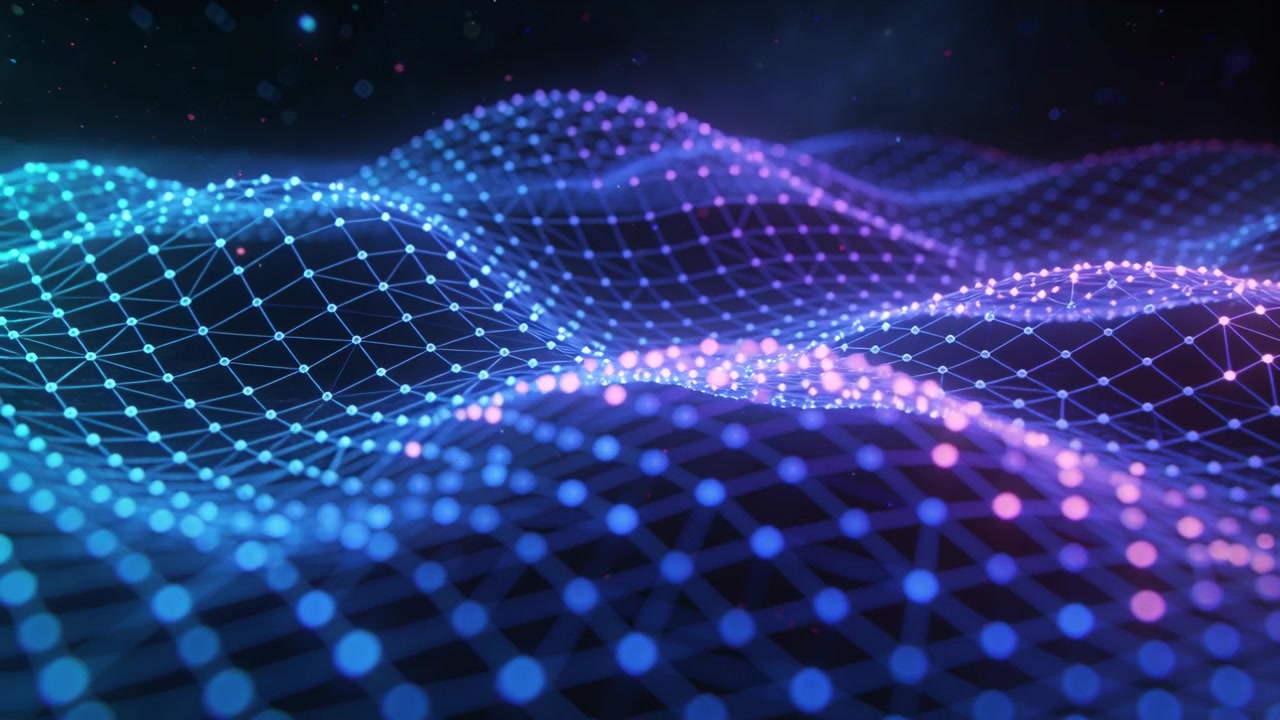 System animating neon wireframe mesh forming waves across frame to show neon landscape with nodes