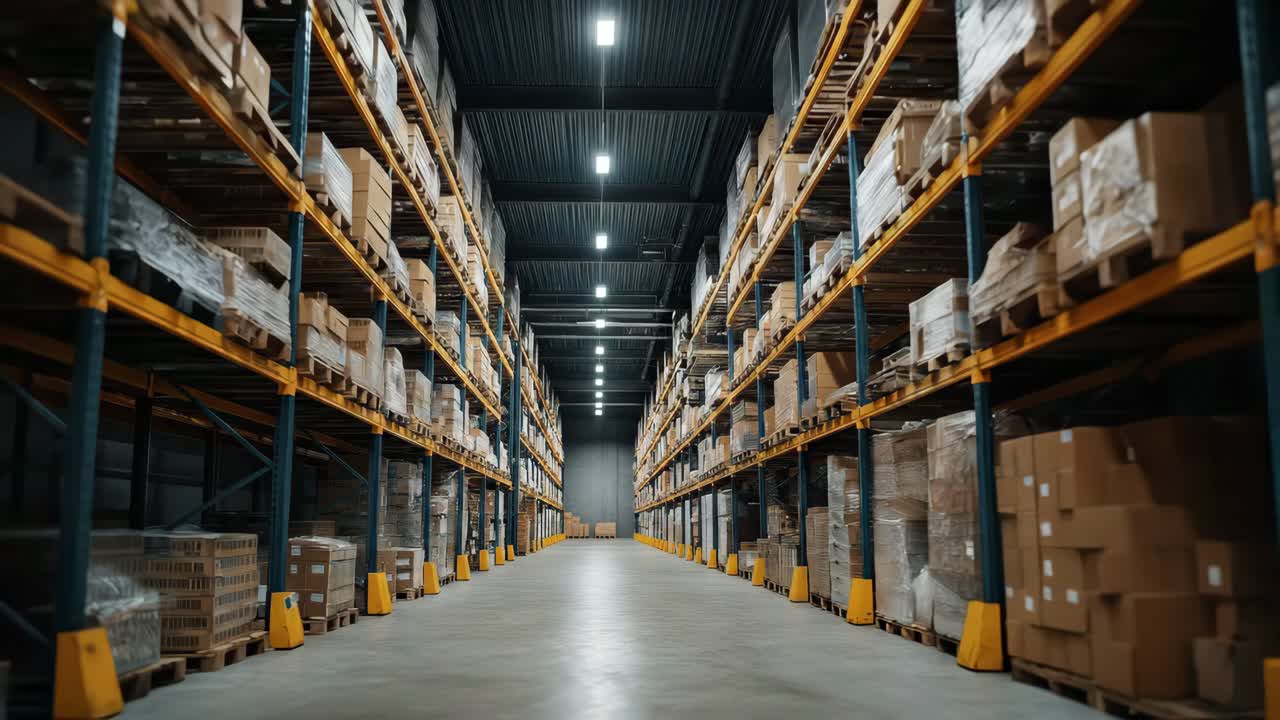 Large industrial warehouse with stacked shelves