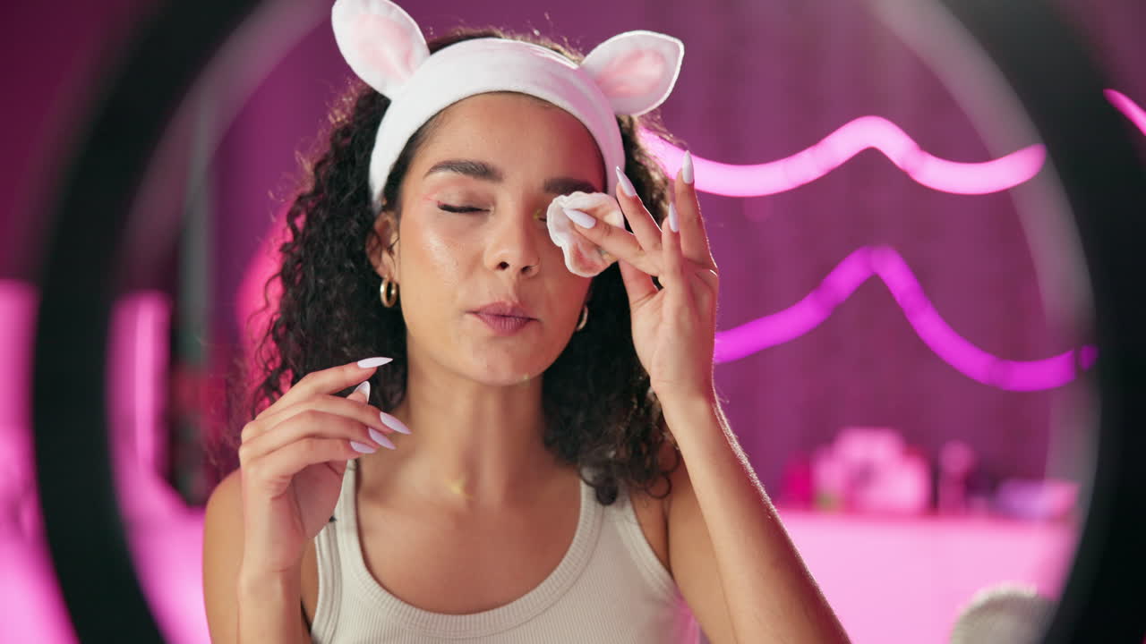 면으로 메이크업 을 제거 하는 여자