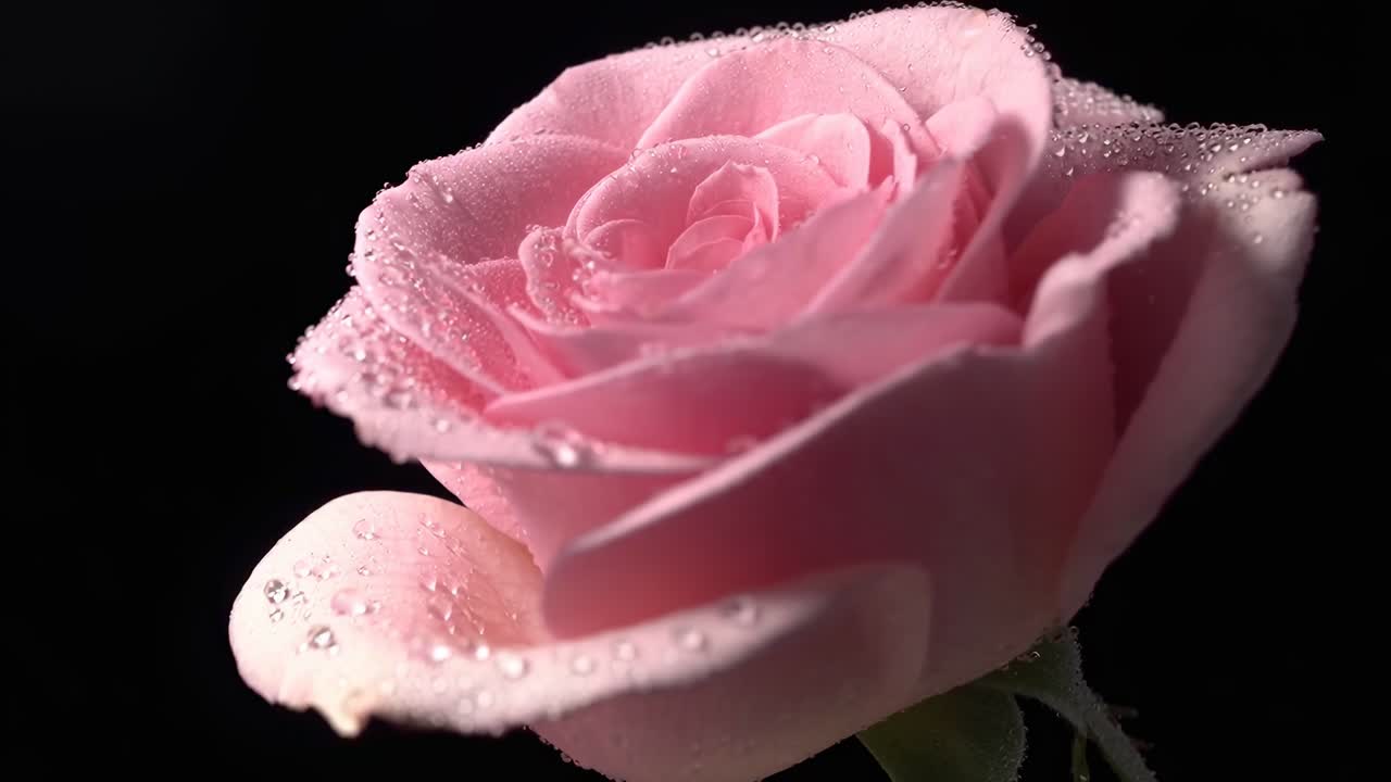 Video ravvicinato di una rosa rosa rugiadosa su uno sfondo nero, ripreso da un'angolazione laterale.