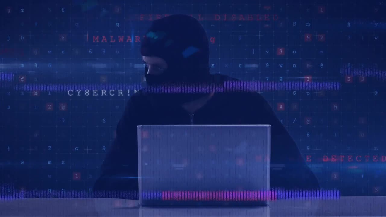 Animation of man with mask hacking on a computer