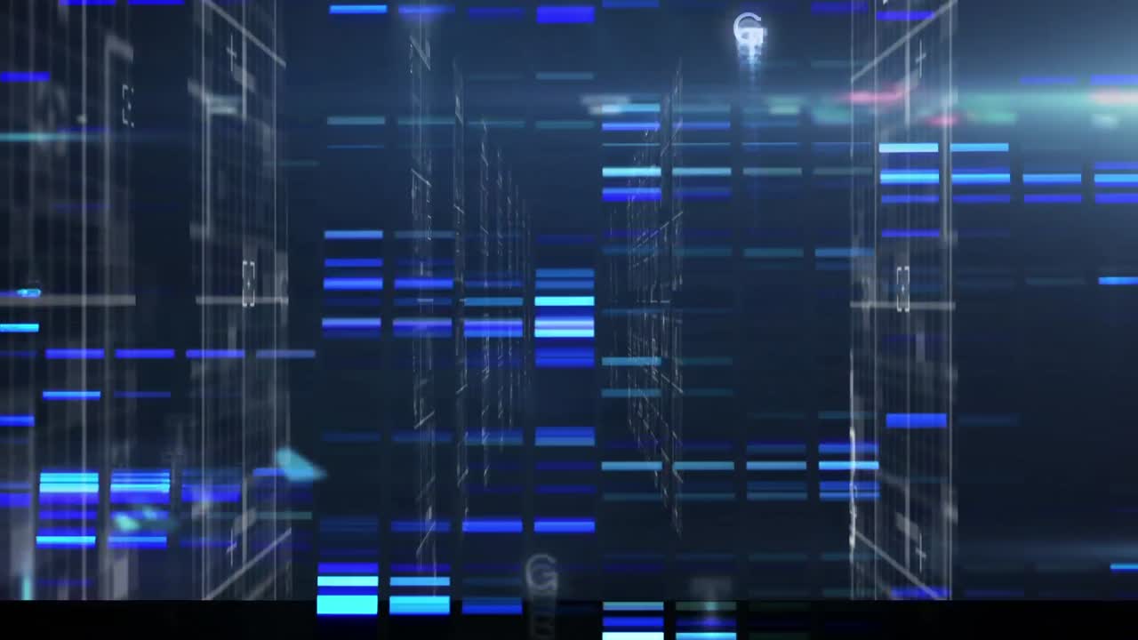 Animation of flickering blue rectangles floating over screens networks of connections
