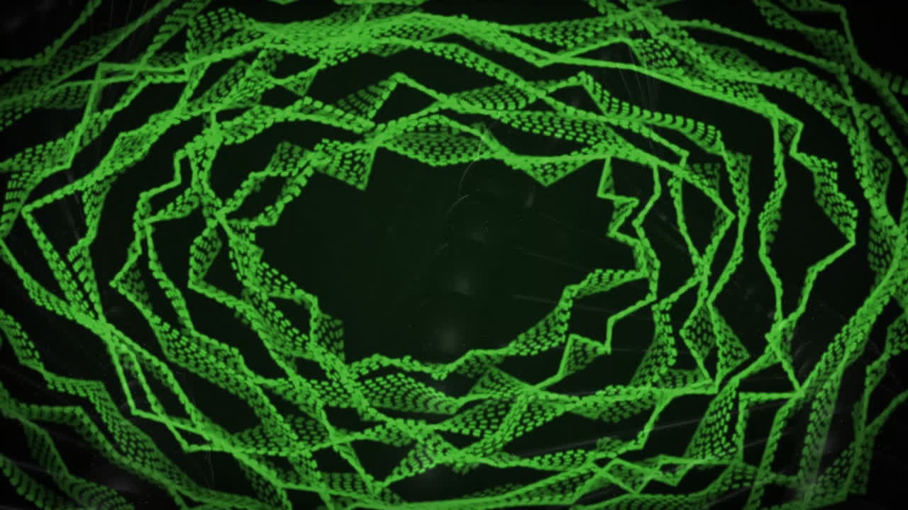 Green geometric patterns forming tunnel animation over dark background