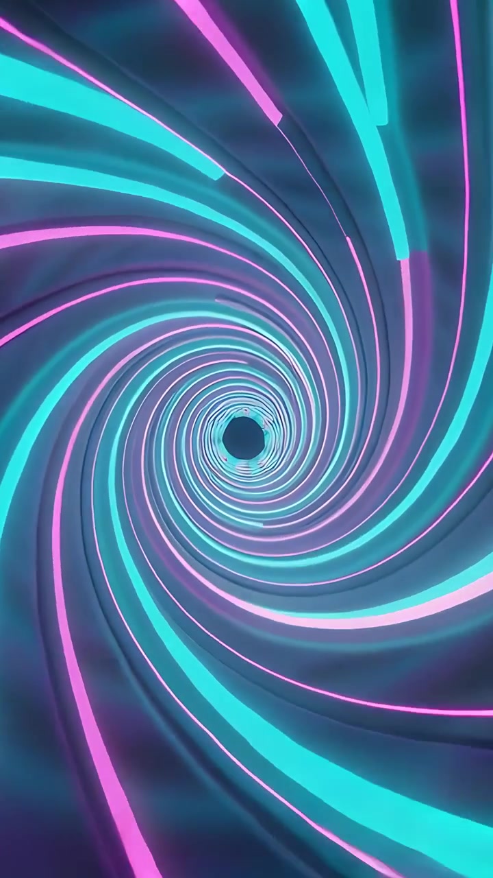 Vertical video: Rotating neon vortex on play in 3D tunnel, drawing to void with cyan magenta bands