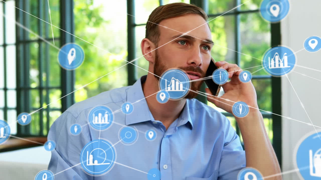 animación de una red de conexiones con iconos sobre un hombre de negocios caucásico hablando por teléfono inteligente
