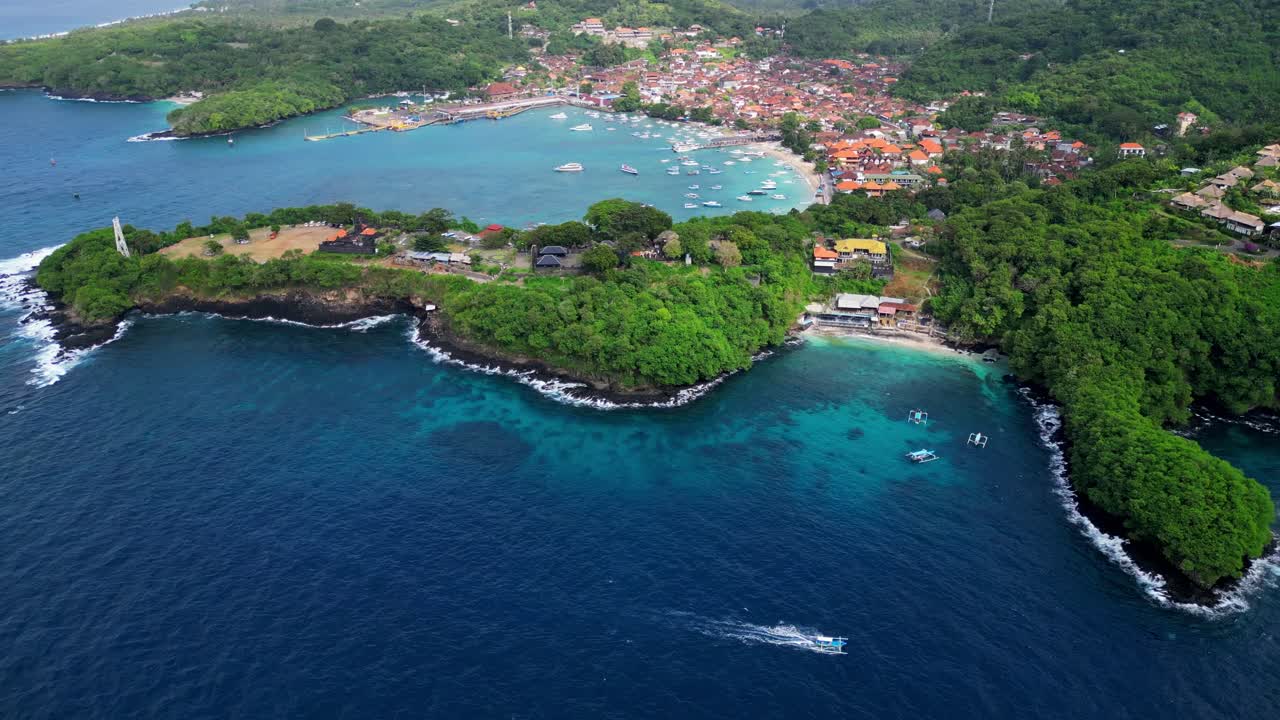 Orbital drove view of the bLue lagoon and Pdang Bai harbour in Bali