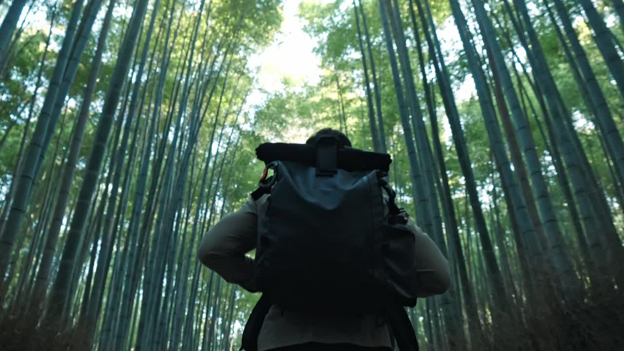 A traveler with a backpack strolling through the serene Arashiyama Bamboo Forest in Kyoto, Japan.