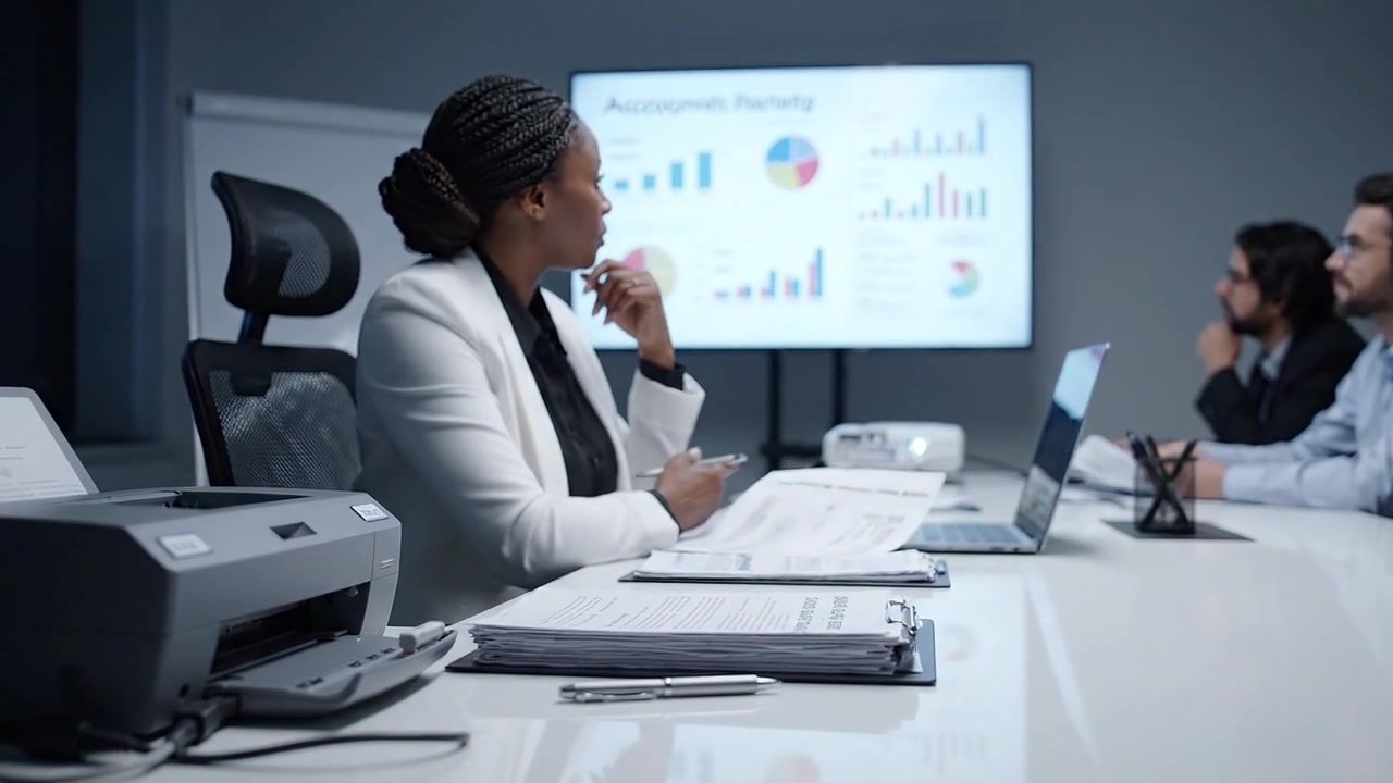 Business Meeting with Data Presentation: Analysis and Strategy Discussion in a Modern Conference Room Setting Featuring Projector and Documents on Table