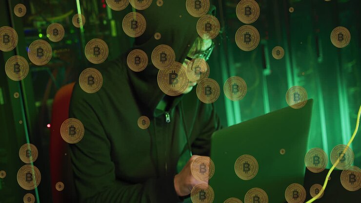 Animazione di bitcoin sopra un hacker maschio asiatico in una sala server