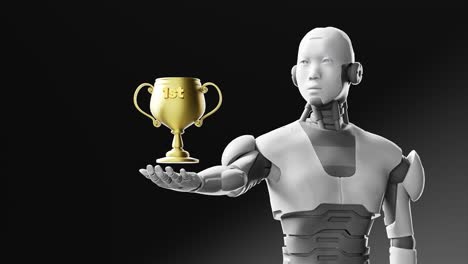 humanoid robot hands 1st place trophy, 3d render on black background