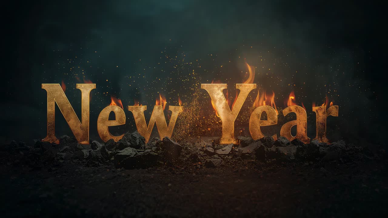 Glowing golden New Year reflecting flames growing behind letters at studio set, revealing title