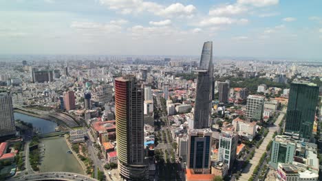 wide aerial of bitexco tower in district 1 ho chi minh city vietnam on a sunny day